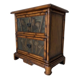 Vintage Chinese Faux Bamboo Two-Drawer Nightstand With Bronze Bamboo Relief Panels For Sale