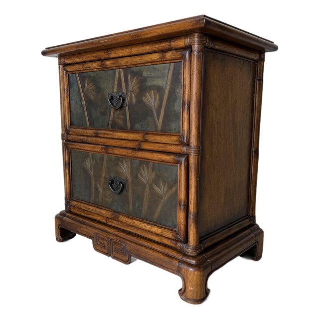 Vintage Chinese Faux Bamboo Two-Drawer Nightstand With Bronze Bamboo Relief Panels For Sale