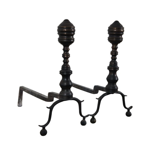 Traditional Late 18th Century Antique Georgian Wrought Iron Brass Hearthware Fire Dogs Andirons- Set of 2 For Sale - Image 3 of 12