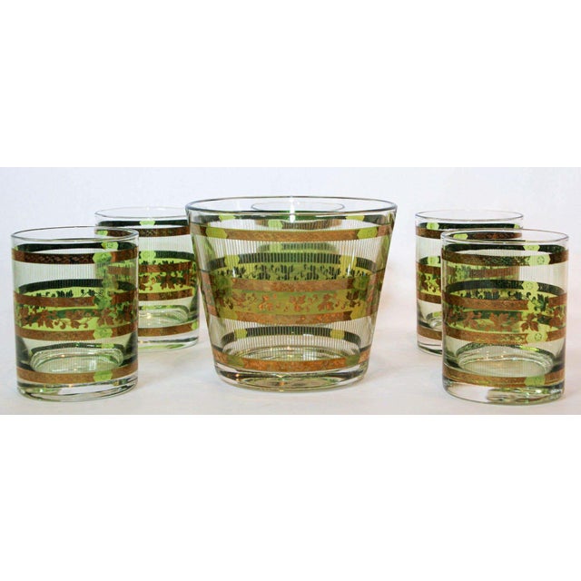 Vintage Culver Barware Cocktail Set Green and Gold Rock Glasses and Ice Bucket For Sale - Image 10 of 17