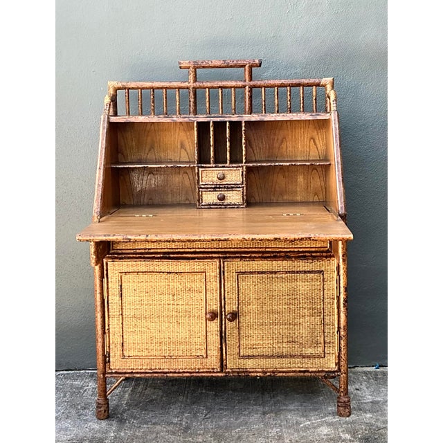 Vintage Tortoise Burnt Rattan Drop Front Desk For Sale - Image 4 of 12