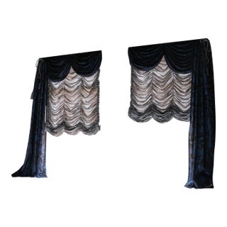 Custom Scalamandré Blue Damask Drapes For Sale
