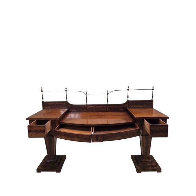 Monumental Antique English Regency Revival Flame Mahogany Executive Desk with Brass Gallery An exceptional monumental...