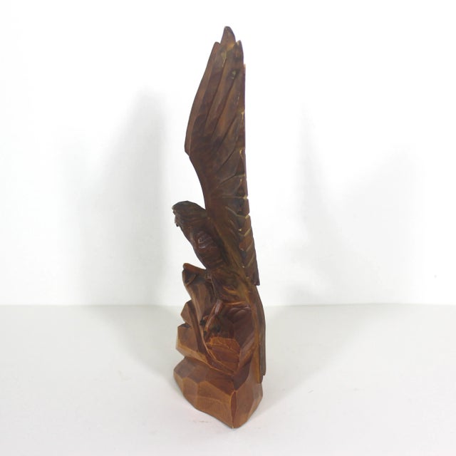 Mid 20th Century Vintage Carved Wood Eagle Bird Figurine, Man Cave Decor, Hawk Carving, Eagle Small Handmade Wooden Base Bird Sculpture For Sale - Image 5 of 10