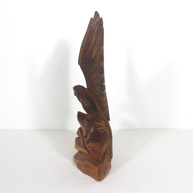 Mid 20th Century Vintage Carved Wood Eagle Bird Figurine, Man Cave Decor, Hawk Carving, Eagle Small Handmade Wooden Base Bird Sculpture , Collector For Sale - Image 5 of 10