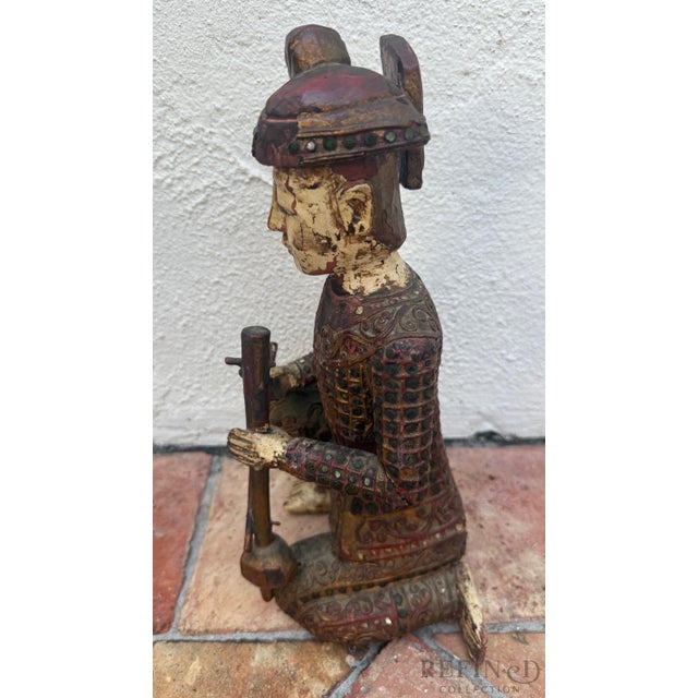 Mid 20th Century Mid 20th Century Hand-Carved Chinese Wooden Figural Sculpture of Seated Musician Holding Musical Instrument For Sale - Image 5 of 12