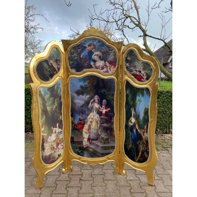 20thC French Louis XVI Gold Beech Scenic Room Divider Screen - 3 Panels For Sale - Image 18 of 18