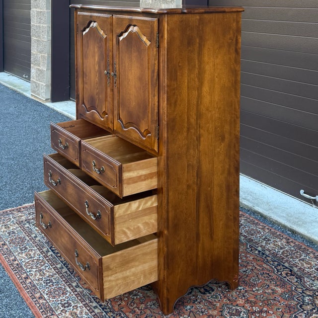 French Country 1980s Ethan Allen Country French Solid Birch 6 Drawer Highboy Armoire Dresser (26-5305 Fruitwood) For Sale - Image 3 of 18