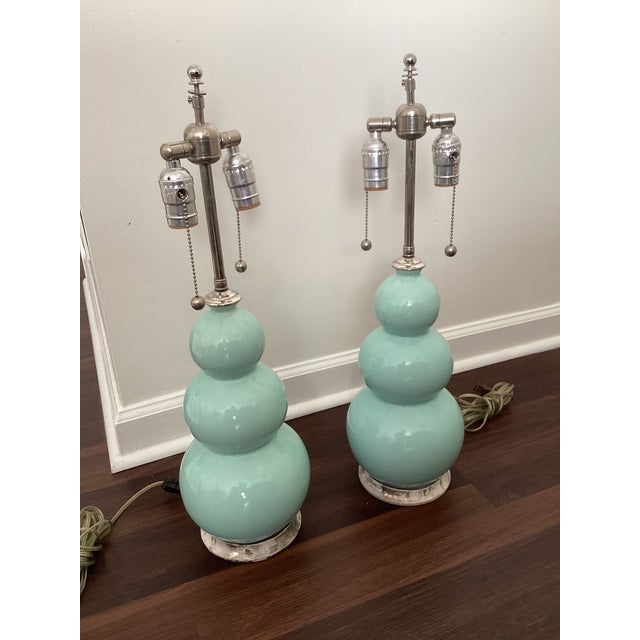 Robin's Egg Blue Hand Signed Pair of Christopher Spitzmiller Triple Gourd Lamps in Robin's Egg Blue and Nickel For Sale - Image 8 of 11