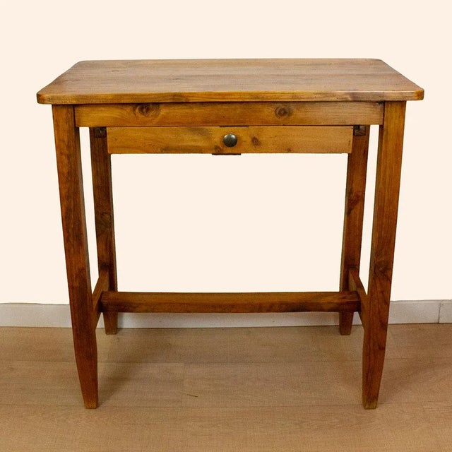 Vintage pine wood bacon table with drawer, ideal as a desk or small kitchen table.