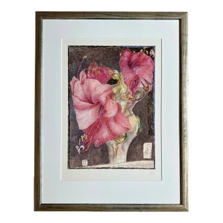 1980s Horst Janssen Lillies Floral Offset Lithograph Red Stamped Germany, Framed For Sale