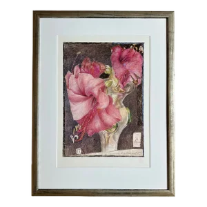 1980s Horst Janssen Lillies Floral Offset Lithograph Red Stamped Germany, Framed