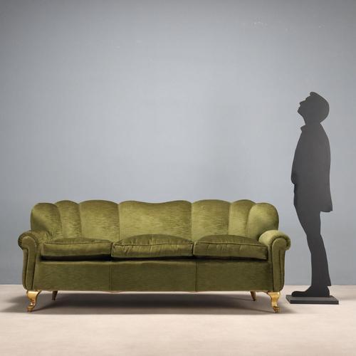 Vintage three-seater sofa with sprung padding and original period fabric upholstery in shades of green, with crafted and...