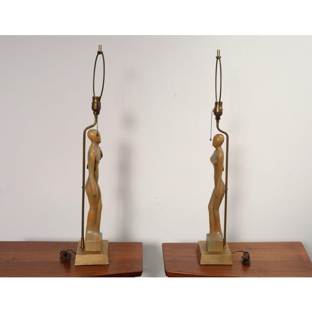 1940s Vintage Male and Female Figural Carved Table Lamps by Clifford C Stasack - Pair For Sale - Image 5 of 18