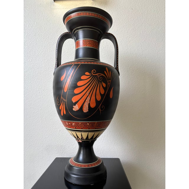 Classically inspired Ancient Greek style urn or Amphora with twin handles. Large scale with beautifully painted figures on...