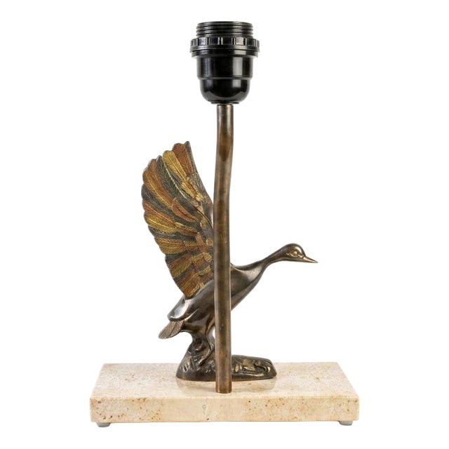 Duck Table Lamp in Bronze-Toned Metal on Travertine Base, 1970s For Sale