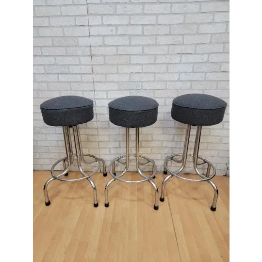 Charcoal Vintage Industrial Swivel Bar Stools Newly Reupholstered in a Charcoal Wool - 3 Piece Set For Sale - Image 8 of 8