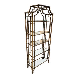 Mid 20th Century Hollywood Regency Metal Faux Bamboo Chippendale Pagoda Style Etagere For Sale
