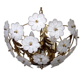 Gilded Metal and Glass Flower 4-Light Chandelier, 1990s For Sale