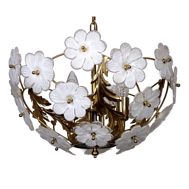 Gilded Metal and Glass Flower 4-Light Chandelier, 1990s For Sale