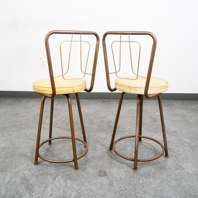 Mid Century Modern Bar Stools Set 2 Brown Swivel Wood American Vintage Tan MCM For Sale - Image 12 of 12