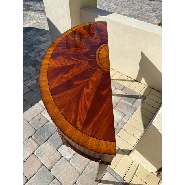 Ethan Allen Hepplewhite Style Inlaid Mahogany Demilune Console Table For Sale - Image 9 of 15