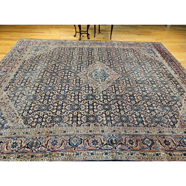 Antique Persian Tabriz Mahi Rug, Hand-Knotted Wool, Herati Geometric Pattern, Navy & Pale Red, 9x12 For Sale - Image 4 of 15