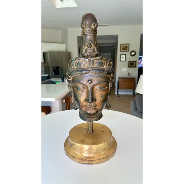 Asian Vintage Gilt Bronze Bust Giltwood Stand Buddhist Deity Kannon Bosatsu For Sale - Image 3 of 17