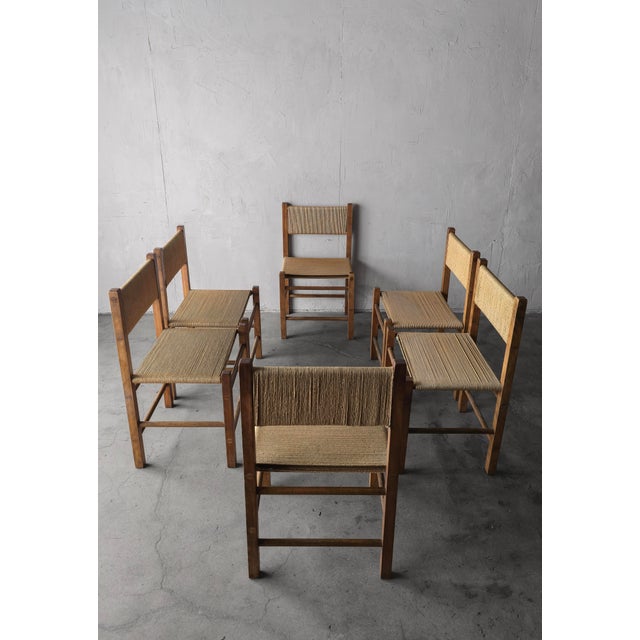 Charlotte Perriand Vintage Rustic Danish European Oak and Rope Dining Chairs - Set of 6 For Sale - Image 4 of 12