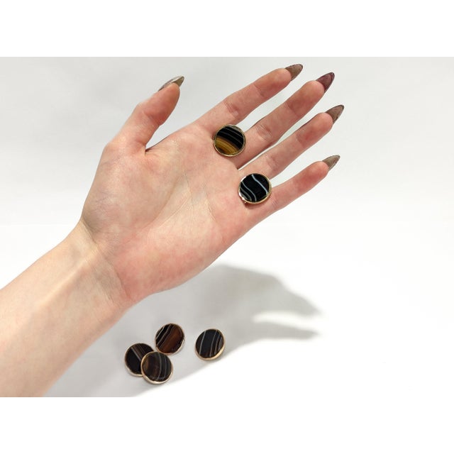 Set of 6 Antique Victorian Banded Agate Cabochon & Gold Plated Buttons For Sale - Image 4 of 14