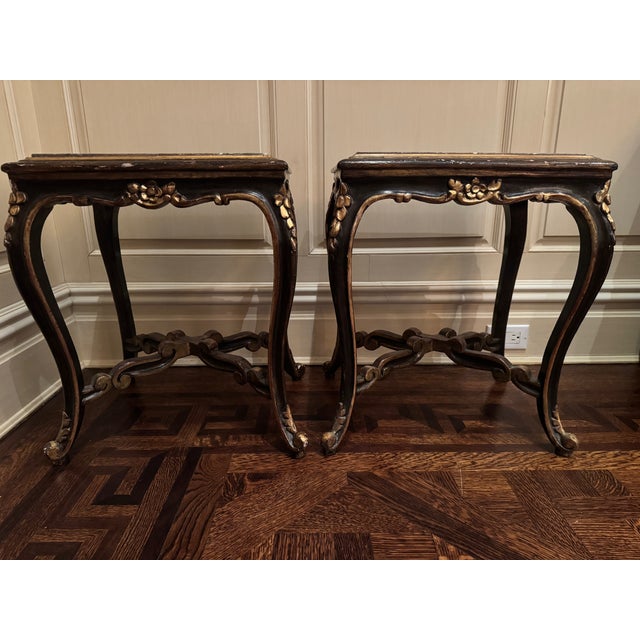 Chocolate Pair of Hand-Carved Antique Gilt Side Tables From Paris With Breccia Marble Tops For Sale - Image 8 of 9