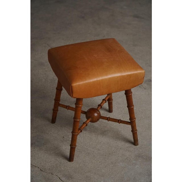 Vintage Danish Turned Wood Stool with Leather Seat, 1930s For Sale - Image 11 of 13