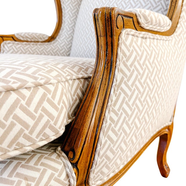 Mid 20th Century French Provincial Wingback Chairs With Geometric Upholstery Attributed To Baker - A Pair For Sale - Image 14 of 18