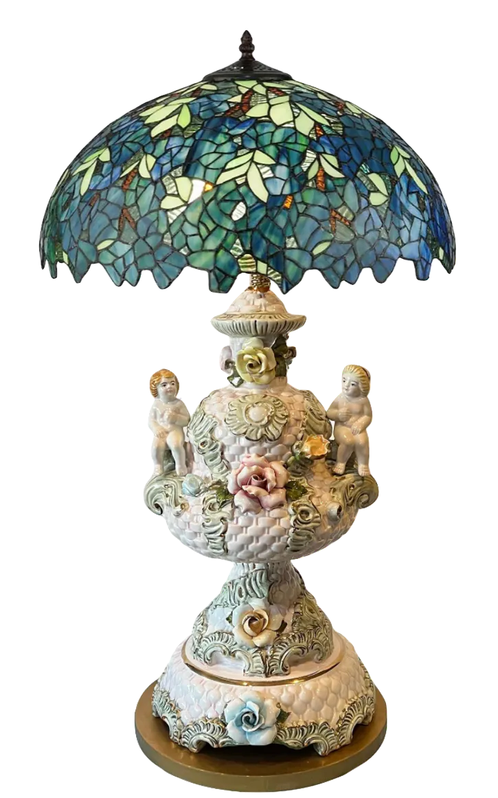 Mid-Century Capodimonte Porcelain Cherub Basketweave Floral Table