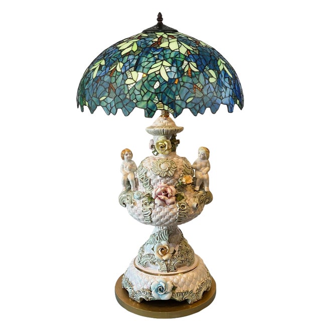 Metal Mid-Century Capodimonte Porcelain Cherub Basketweave Floral Table Lamp For Sale - Image 7 of 12