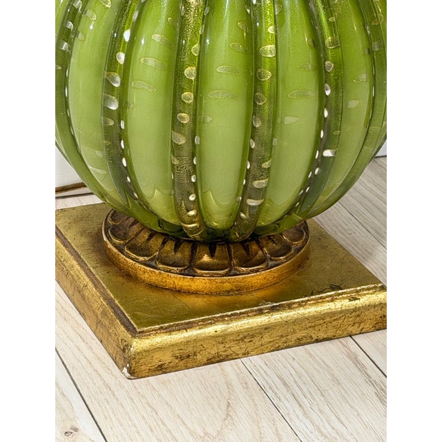 Glass Mid 20th Century Italian Murano Green & Gold Glass Floral Table Lamps - A Pair For Sale - Image 7 of 10