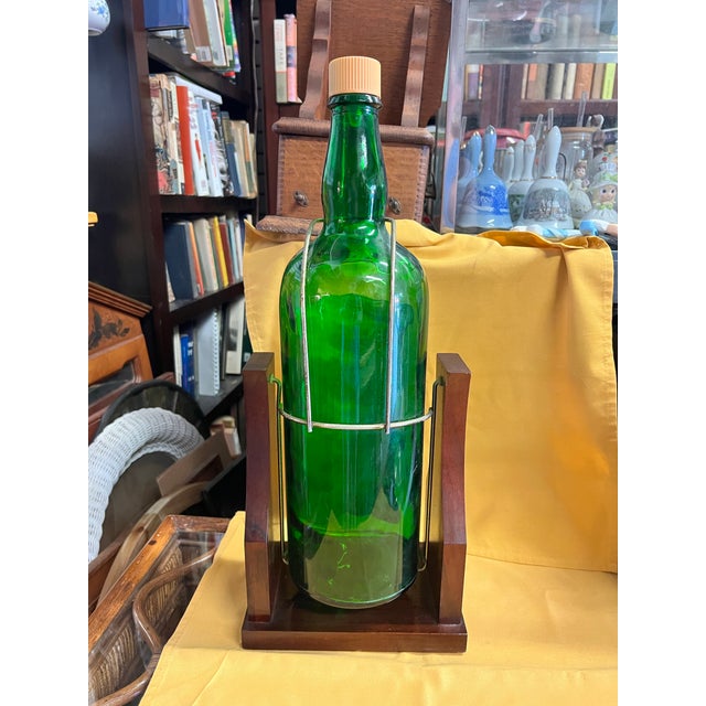 Vintage Mid-Century Modern Large Whisky Display Bottle in Wooden Cradle Stand For Sale - Image 4 of 6