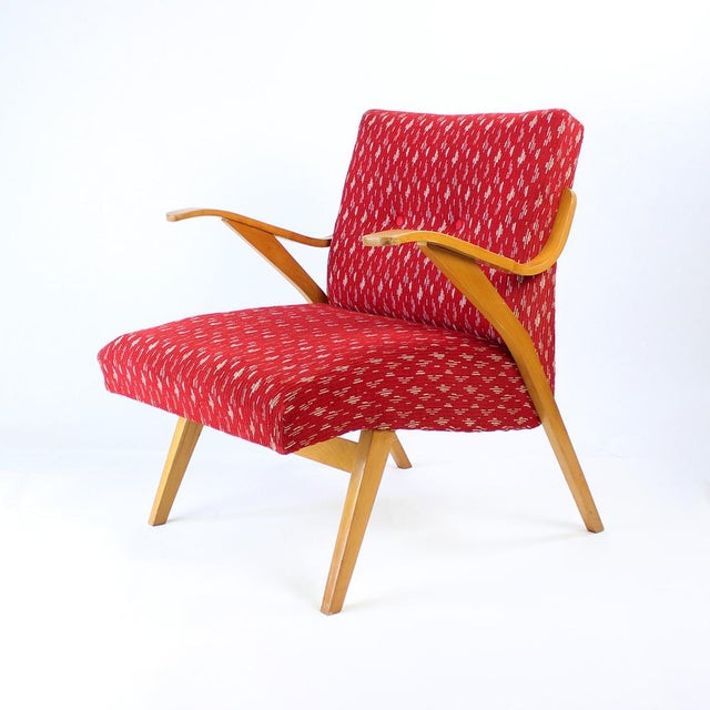 Mid-Century Czechoslovakian Armchair in Original Red Fabric and Blonde Wood, 1960s For Sale - Image 11 of 13