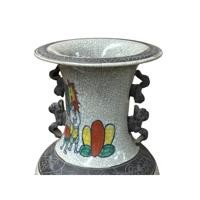 Orient Crackle Gray Warrior Graphic Artistic Pottery Ceramic Vase For Sale - Image 4 of 17