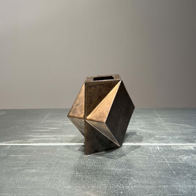 Mid-Century Modern Minimalist Bronze-Glazed Ceramic Geometric Vase by Jan Van Der Vaart, Netherlands, 1970s For Sale - Image 3 of 9