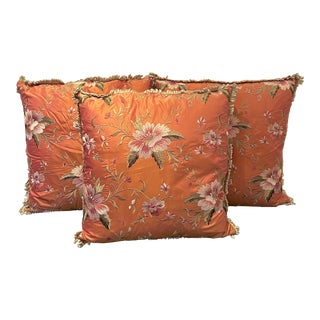 Nancy Corzine Peach Silk Pillows With Embroidery- Set of 3 For Sale