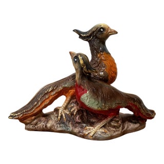 Vintage Colorful Glazed Porcelain Couple Pheasant Sculpture Italy For Sale