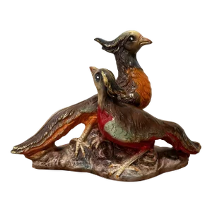 Vintage Colorful Glazed Porcelain Couple Pheasant Sculpture Italy