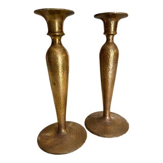 Solid Brass Hammered Tall Candle Holders, Pair For Sale
