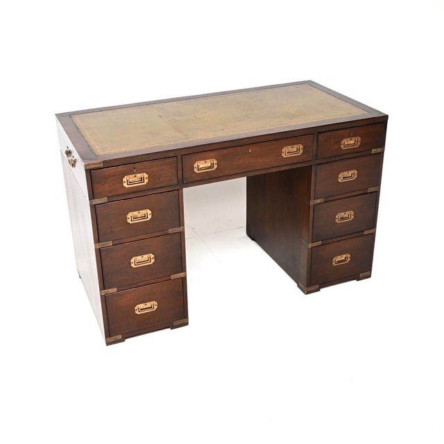 Military Campaign Leather Top Pedestal Desk, 1930 For Sale - Image 10 of 10