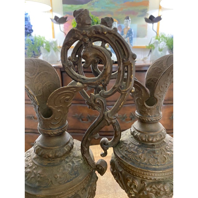 Antique Guilded Cast Brass or Bronze Ornate Renaissance Ewers / Pitchers- a Pair For Sale - Image 11 of 12