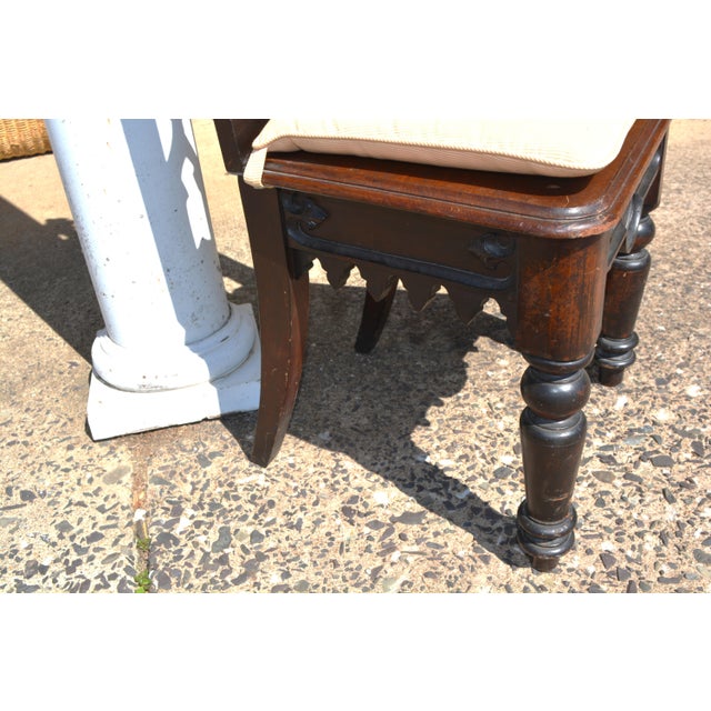 Vintage Pair Gothic Revival Carved Cathedral Arches Dark Wood Hall / Side Chairs W/ Cushions For Sale - Image 10 of 18