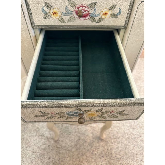 1990s Hand-Painted Floral Jewelry Armoire Cabinet With Mirror & Storage For Sale - Image 5 of 10