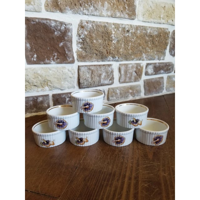 Great set of vintage Louis Lourioux le Faune souffle casserole ramekins with interior gold rims line, variety of...