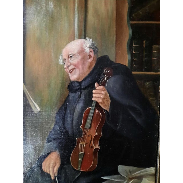Religious Antique German Monk Violinist Oil Painting Signed Max Scholz For Sale - Image 3 of 6